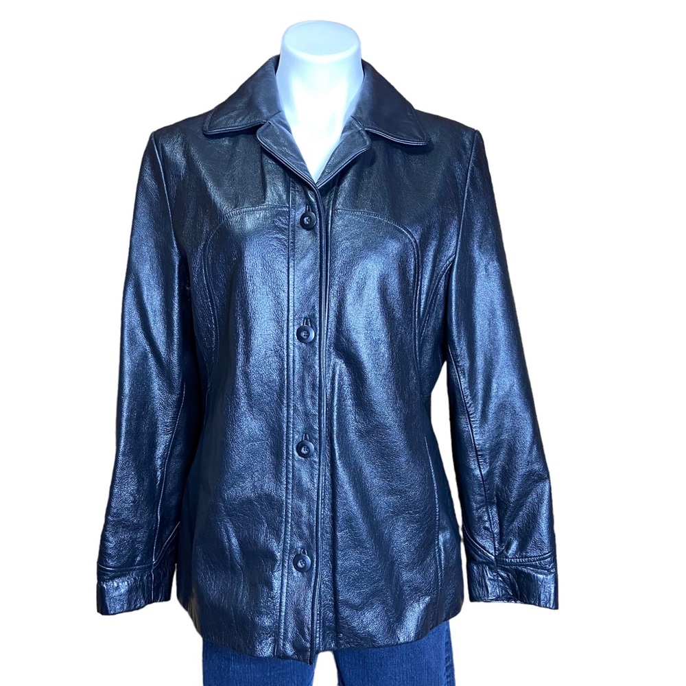 WILSONS MAXIMA Black Leather Jacket Button Up Womens Size Large